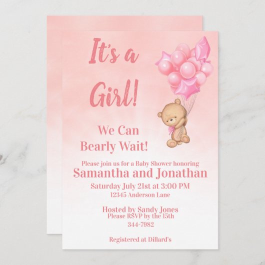 ピンクの赤ちゃん女の子Bearly待ってテディベア赤ちゃんシャワー 招待状 (正面/裏面)