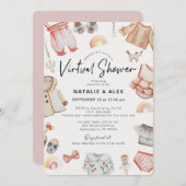 ピンクの赤ちゃん服&おもちゃバーチャル赤ちゃんシャワー 招待状 (正面/裏面)