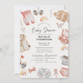ピンクの赤ちゃん服&おもちゃ赤ちゃんシャワー 招待状 (正面)
