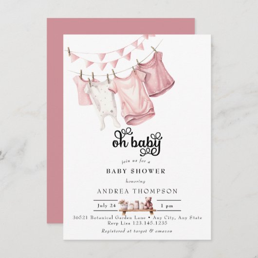 ピンクの赤ちゃん服 |水彩ベビーガールシャワー 招待状 (正面/裏面)