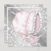 ピンクの赤ちゃん用ボンネット ダマスクのベビーシャワー 招待状 (正面/裏面)