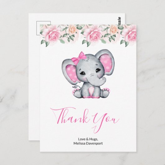 ピンクの赤ちゃん象とバラのフレーム サンクス ポストカード (正面/裏面)