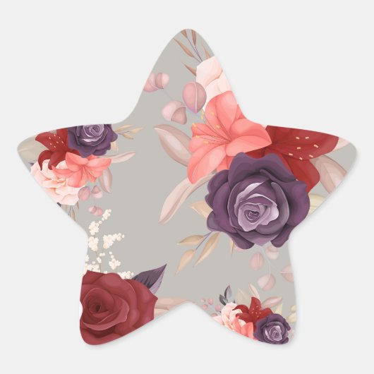 ピンクの赤と紫のバラの花柄 星シール (正面)