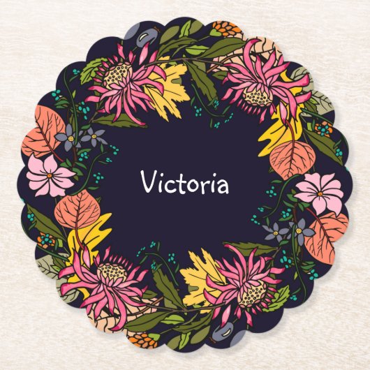 ピンクの赤と黄色のアスター花リースチョークボード ペーパーコースター (正面)