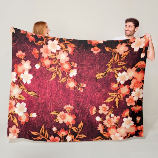 ピンクの赤の白い春の花、アンティークの赤いフローラ フリースブランケット (インサイチュ)