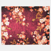 ピンクの赤の白い春の花、アンティークの赤いフローラ フリースブランケット (正面(横))