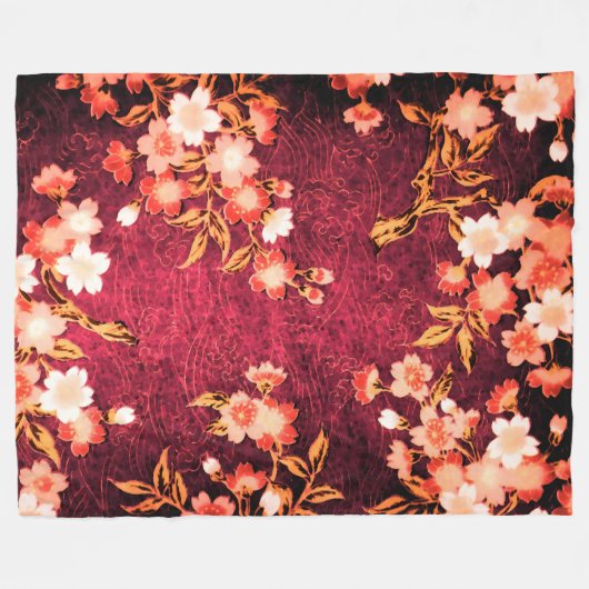 ピンクの赤の白い春の花、アンティークの赤いフローラ フリースブランケット (正面(横))