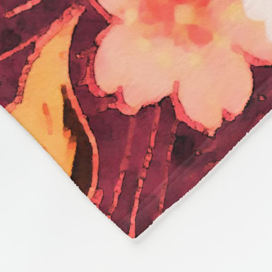 ピンクの赤の白い春の花、アンティークの赤いフローラ フリースブランケット (角)