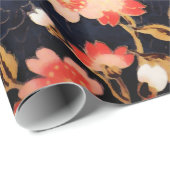 ピンクの赤の白い春の花、深いブルーフローラ ラッピングペーパー (ロールコーナー)