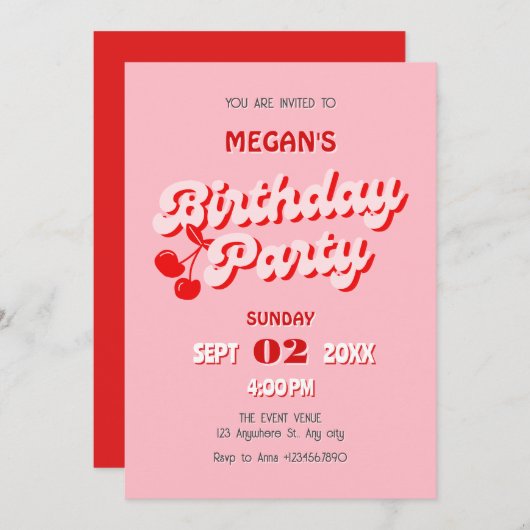 ピンクの赤レトロなグルービーさくらんぼ誕生日 招待状 (正面/裏面)