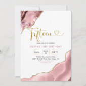 ピンクの赤面と金ゴールドアガテ15誕生日 招待状 (正面)