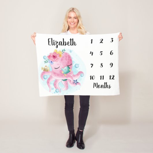 ピンクの赤面の花とタコのベビーマイルストーン フリースブランケット (インサイチュ)