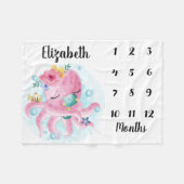 ピンクの赤面の花とタコのベビーマイルストーン フリースブランケット (正面(横))