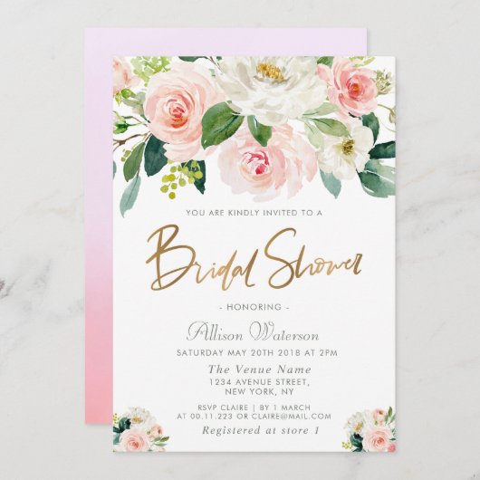 ピンクの赤面の花のブライダルシャワーの招待 招待状 (正面/裏面)