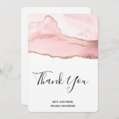 ピンクの赤面アゲートと金ゴールドリボンありがとう サンキューカード (正面/裏面)