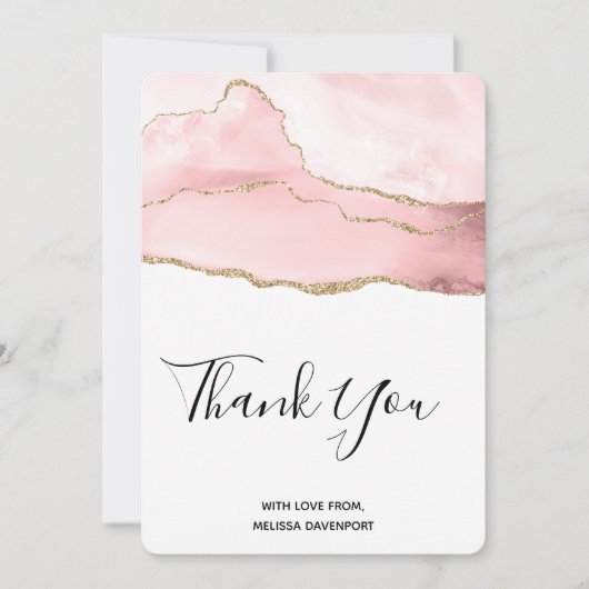 ピンクの赤面アゲートと金ゴールドリボンありがとう サンキューカード (正面)