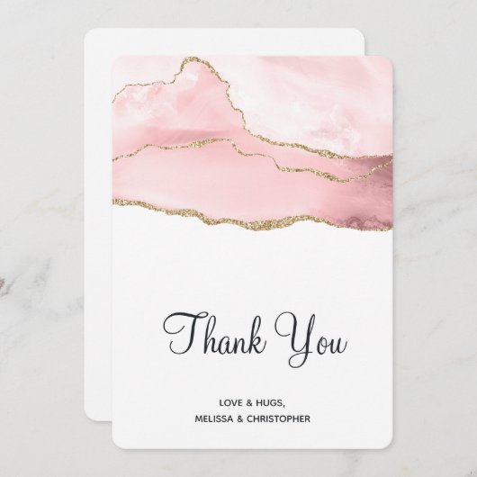 ピンクの赤面アゲートと金ゴールドリボンエレガントな結婚式 サンキューカード (正面/裏面)