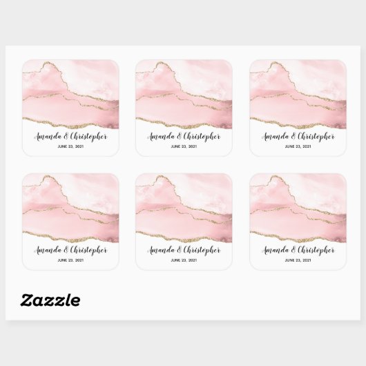 ピンクの赤面アゲートと金ゴールドリボンエレガントな結婚式 スクエアシール (シート)