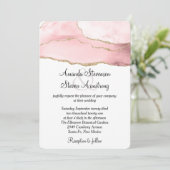 ピンクの赤面アゲートと金ゴールドリボンエレガントな結婚式 招待状 (スタンド正面)