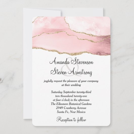 ピンクの赤面アゲートと金ゴールドリボンエレガントな結婚式 招待状 (正面)