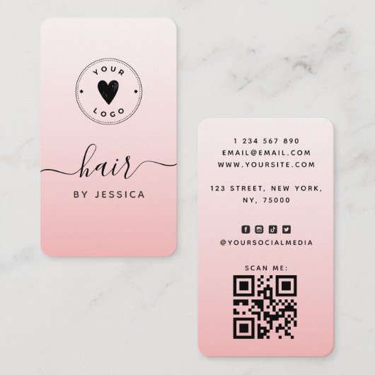 ピンクの赤面ガーリーヘアQRコード&あなたのロゴを追加かわいい 名刺 (正面/裏面)