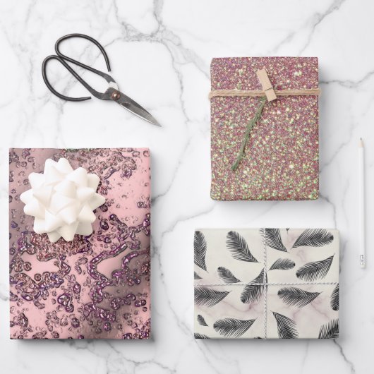 ピンクの赤面キラキラした大理石の羽 ラッピングペーパーシート (正面)