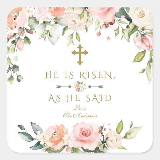 ピンクの赤面クリーム花彼は復活金ゴールドイースター スクエアシール (正面)