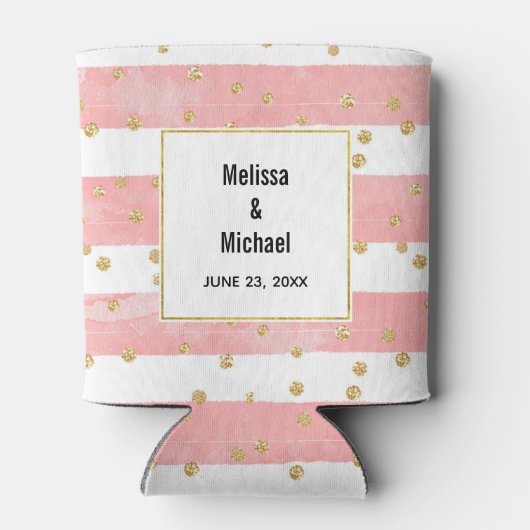 ピンクの赤面ストライプ数 |フェイク金ゴールド結婚紙吹雪 缶クーラー (裏面)