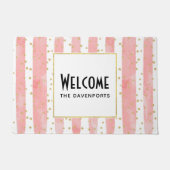 ピンクの赤面ストライプ数 |金ゴールドフェイク紙吹雪へようこそ ドアマット (正面)