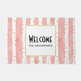 ピンクの赤面ストライプ数 |金ゴールドフェイク紙吹雪へようこそ ドアマット