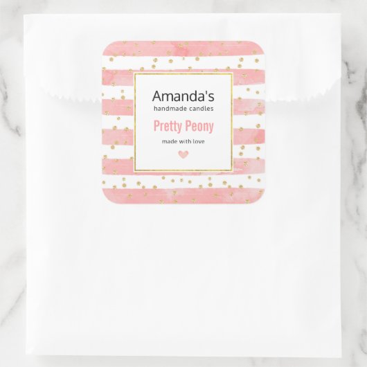 ピンクの赤面ストライプ数 |金ゴールドフェイク紙吹雪キャンドルビジネス スクエアシール (バッグ)