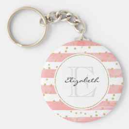 ピンクの赤面ストライプ数 |金ゴールドフェイク紙吹雪モノグラム キーホルダー