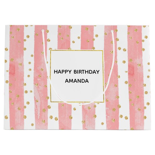 ピンクの赤面ストライプ数 |金ゴールドフェイク紙吹雪誕生日 ラージペーパーバッグ (正面)