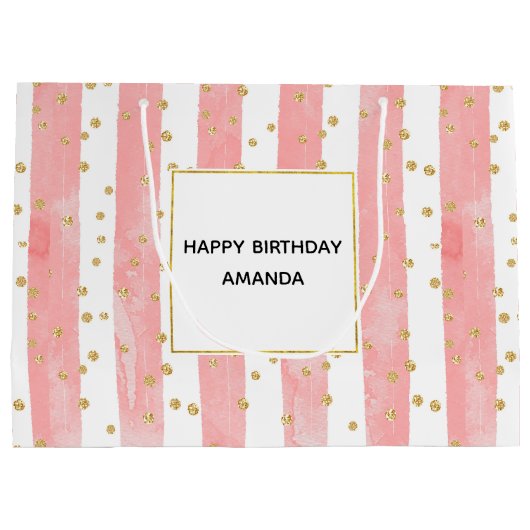 ピンクの赤面ストライプ数 |金ゴールドフェイク紙吹雪誕生日 ラージペーパーバッグ (裏面)