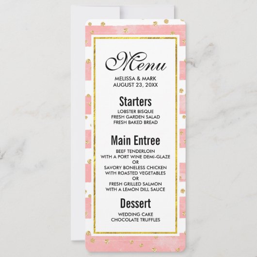 ピンクの赤面ストライプ数 |金ゴールドフェイク紙吹雪 招待状 (正面)