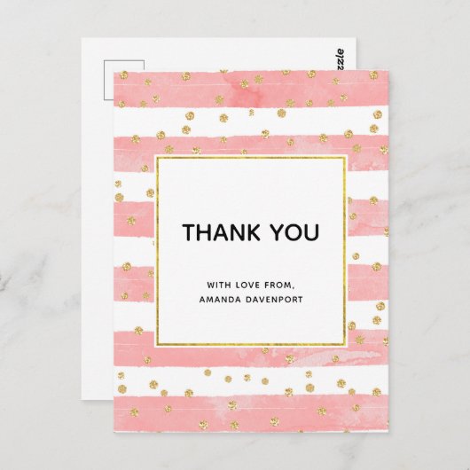 ピンクの赤面ストライプ金ゴールド紙吹雪ありがとう ポストカード (正面/裏面)