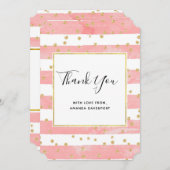 ピンクの赤面ストライプ金ゴールド紙吹雪 サンキューカード (正面/裏面)