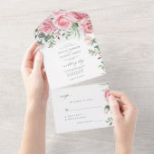 ピンクの赤面バラ水色フローラエレガントな結婚式 オールインワン招待状 (貼ってはがせる)