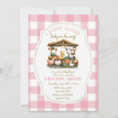 ピンクの赤面ファームギンガムマーケットベビーシャワー 招待状 (正面)