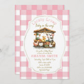 ピンクの赤面ファームギンガムマーケットベビーシャワー 招待状 (正面/裏面)