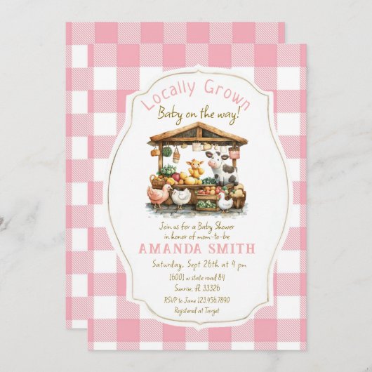 ピンクの赤面ファームギンガムマーケットベビーシャワー 招待状 (正面/裏面)