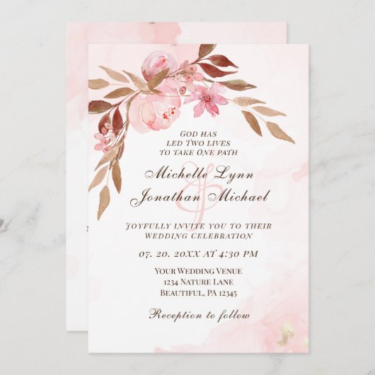 ピンクの赤面フローラすべて一つのクリスチャン結婚ズの 招待状 (正面/裏面)