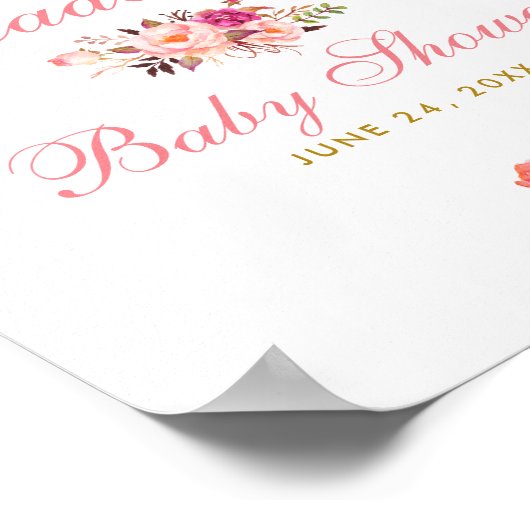 ピンクの赤面フローラと金ゴールド赤ちゃんシャワーへようこそ ポスター (角)
