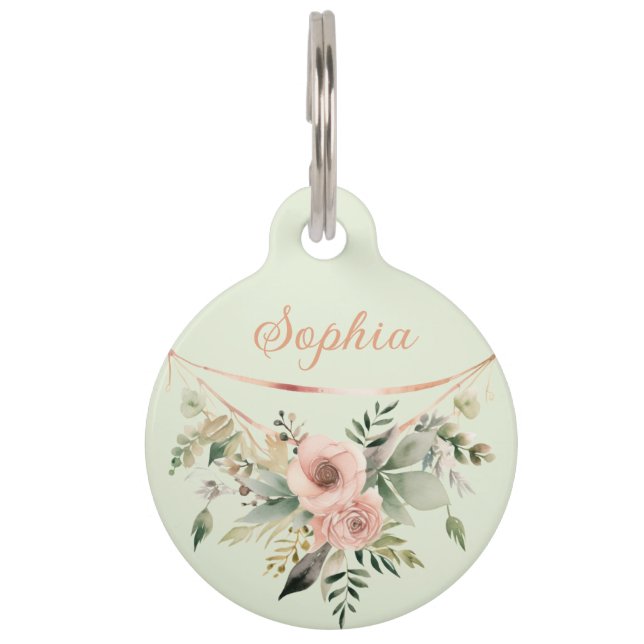 ピンクの赤面フローラアレンジメントon Sage Green ペット　ネームタグ (正面)