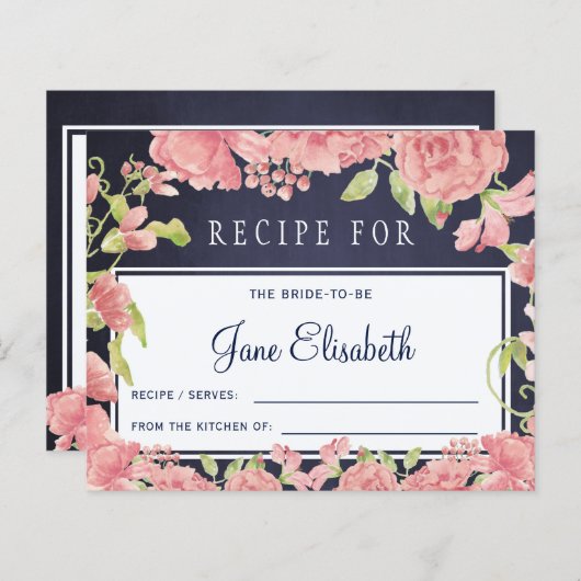 ピンクの赤面フローラネイビー花嫁はレシピカード (正面/裏面)