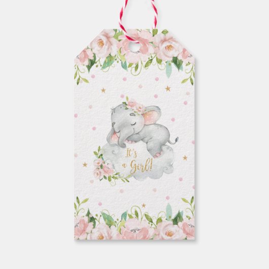 ピンクの赤面フローラベビーゾウありがとうお願い ギフトタグ (裏面)