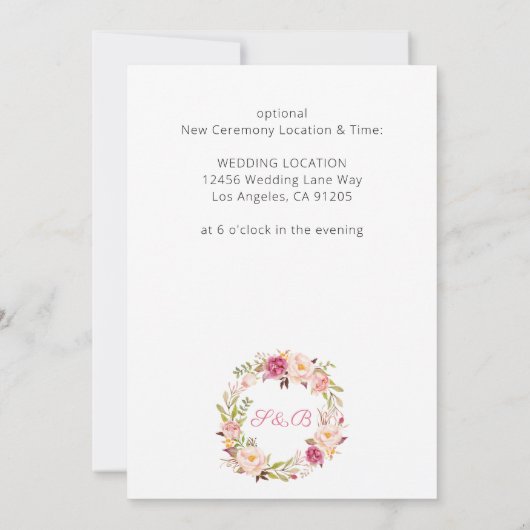 ピンクの赤面フローラ日付の保存または大きな変更 招待状 (裏面)