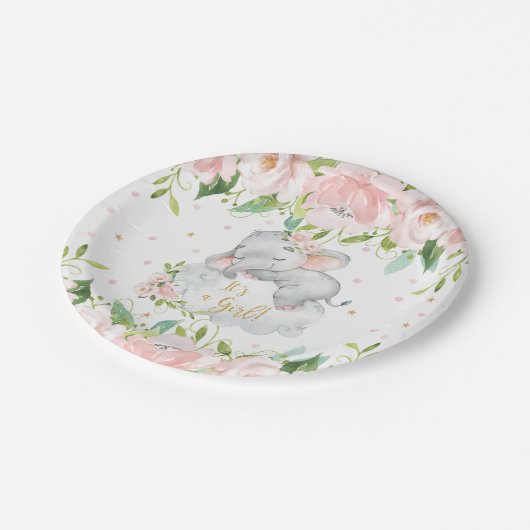 ピンクの赤面フローラ眠っている象の赤ちゃんシャワー ペーパープレート (アングル)