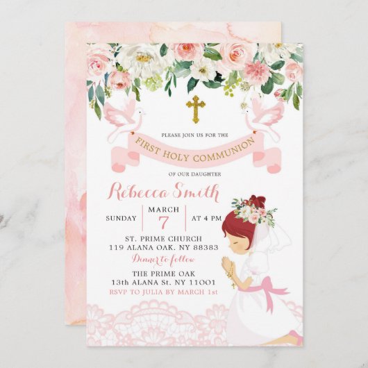 ピンクの赤面フローラ赤毛最初の聖餐式 招待状 (正面/裏面)