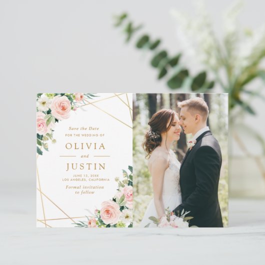 ピンクの赤面フローラgeometric save date card セーブザデート (スタンド正面)